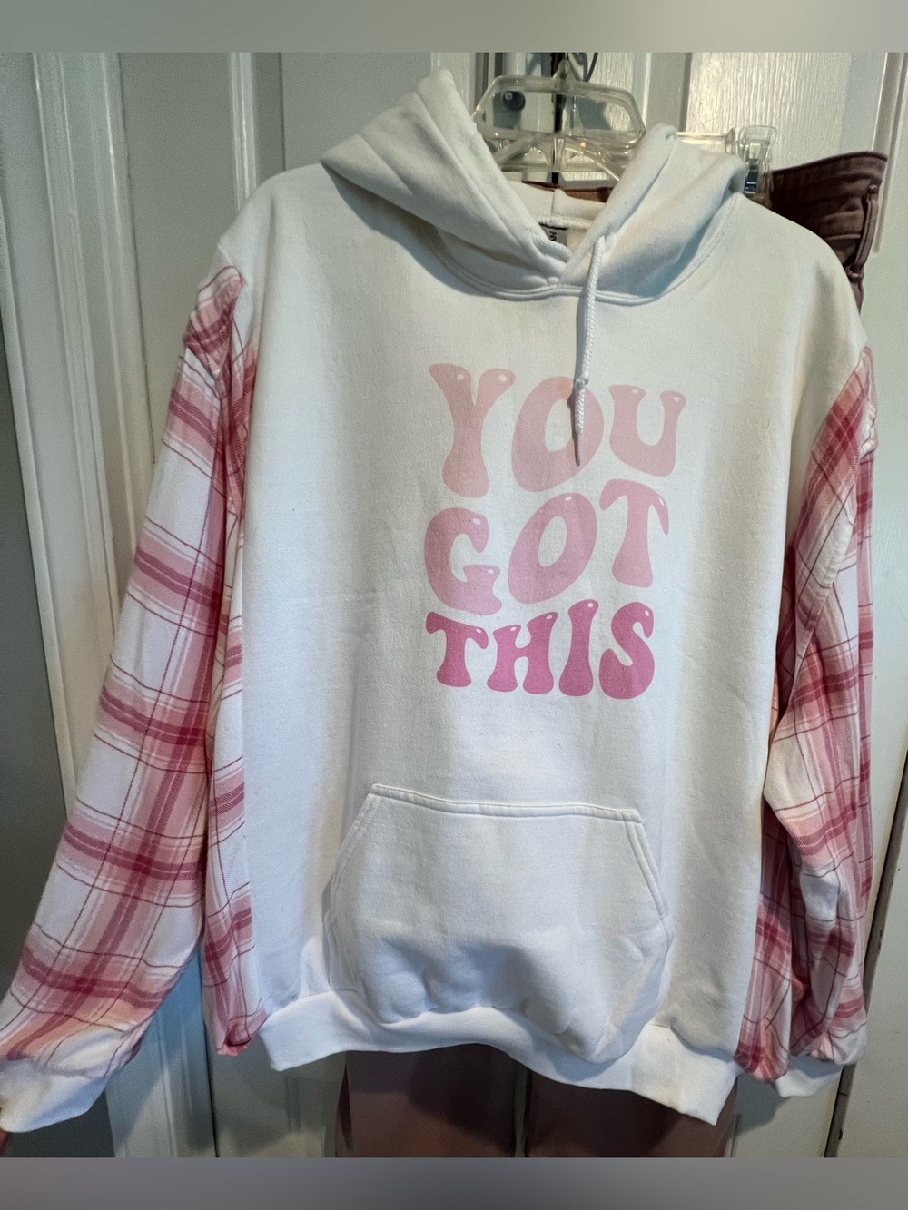 UPCYCLED 💗 White Hoodie with Pink 'You Got This' Graphic & Pink Plaid Sleeves